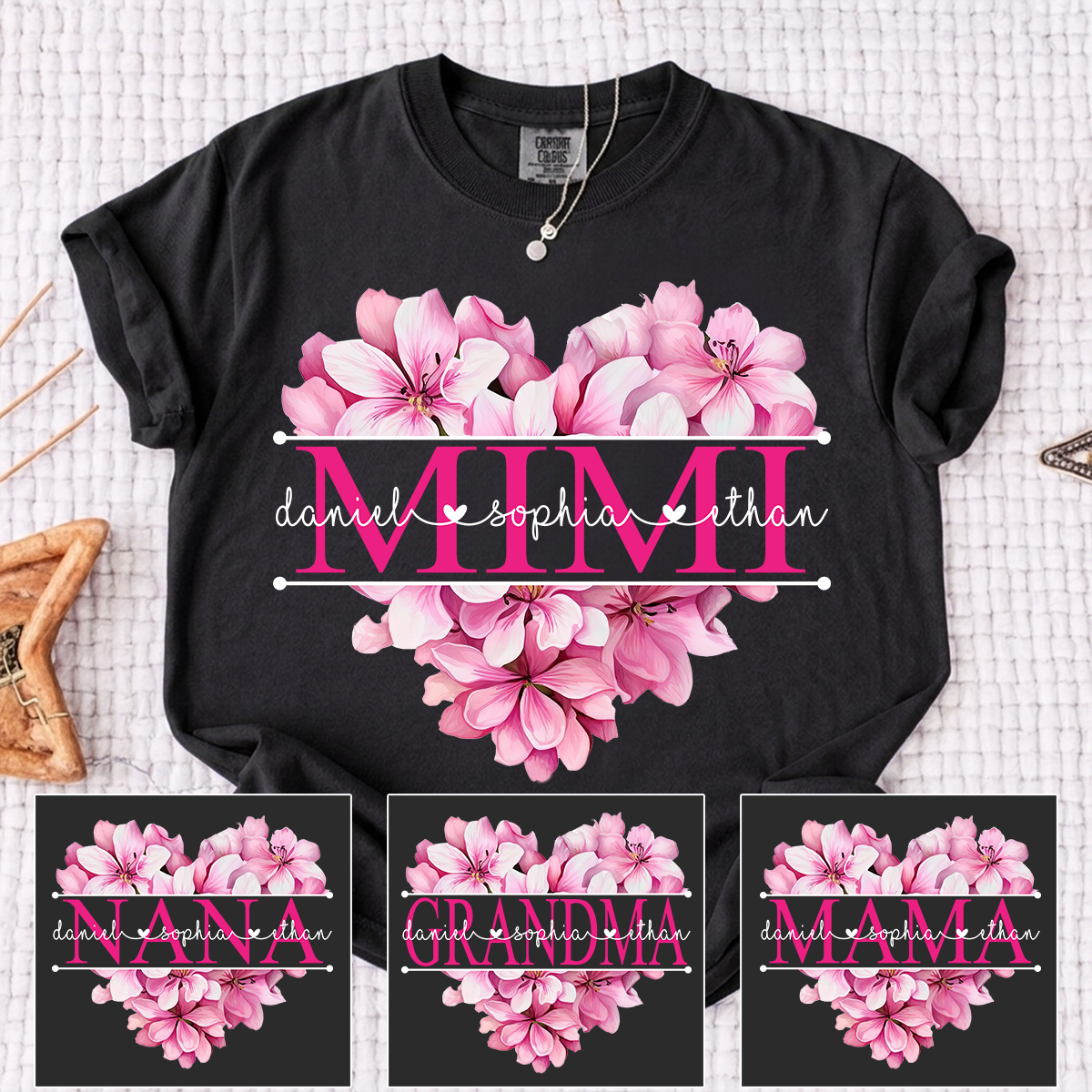 Comfort Colors Pink Floral Heart Design Family Tee, Personalized Mimi Shirt with Custom Names