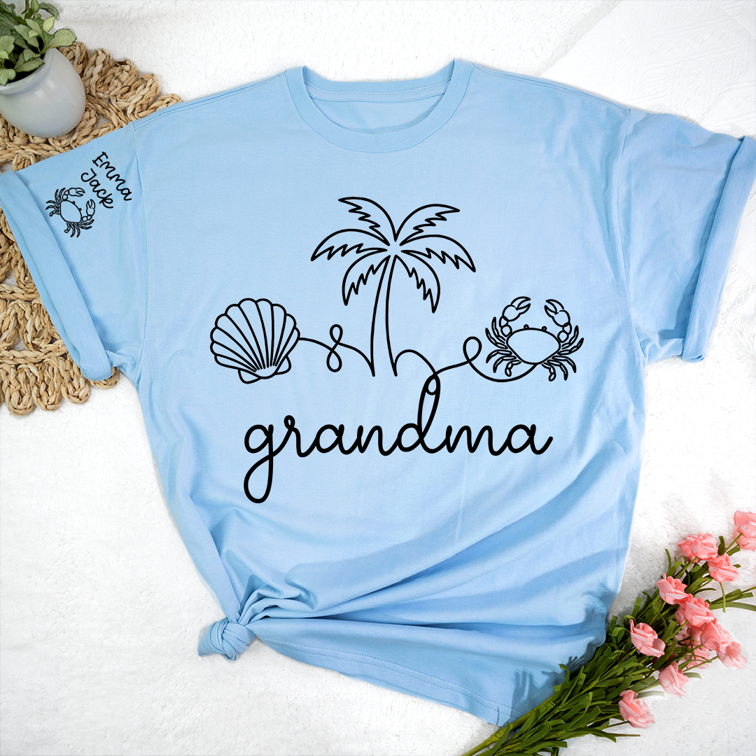 Personalized Grandma Beach Shirt, Custom Grandkids Names Sleeve Tee, Coastal Grandma T Shirt, Ocean Lover Gift for Grandma