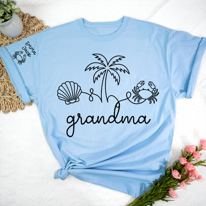 Personalized Grandma Beach Shirt, Custom Grandkids Names Sleeve Tee, Coastal Grandma T Shirt, Ocean Lover Gift for Grandma
