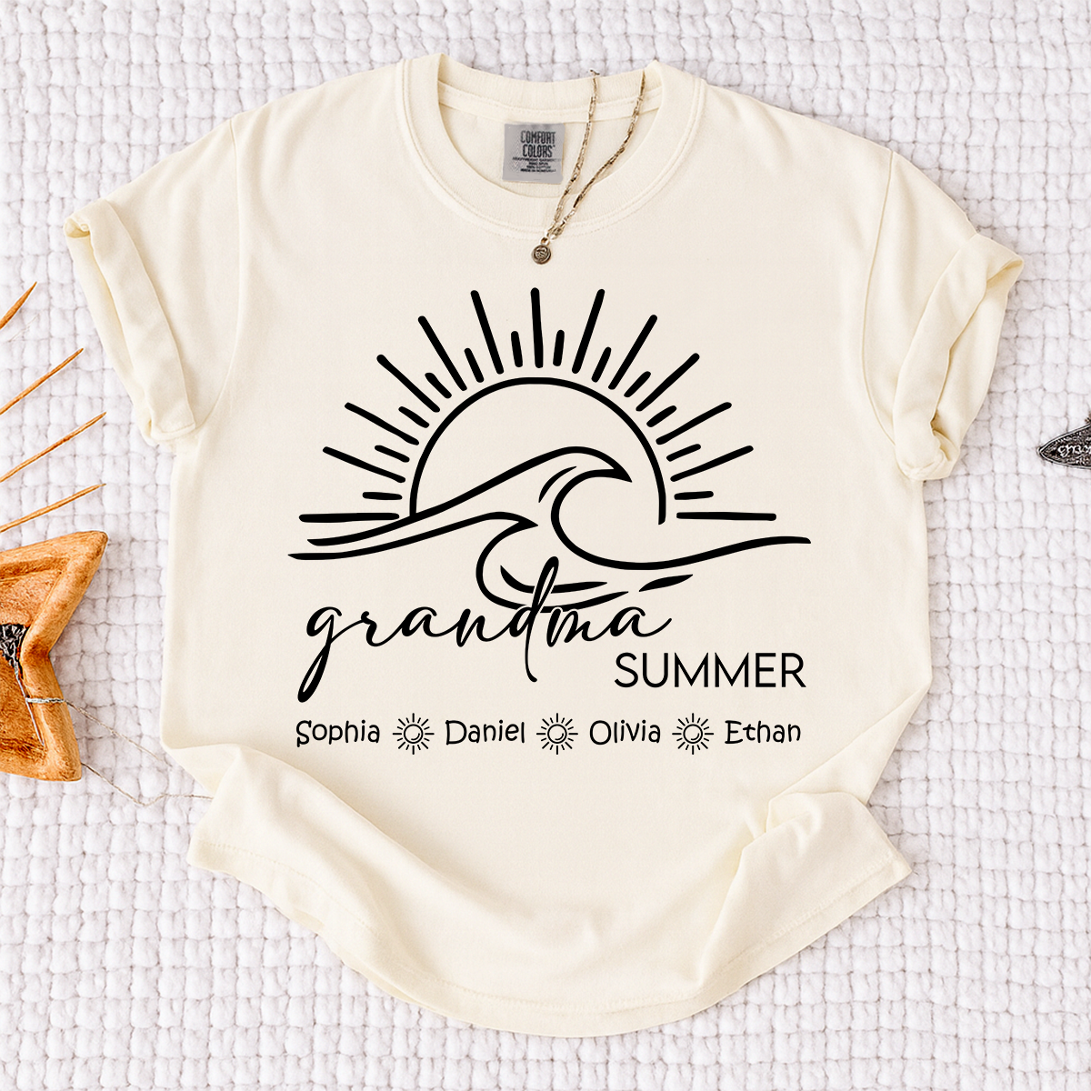 Comfort Colors Personalized Grandma Summer Shirt, Custom Grandkids Names Wave T-Shirt, Beach Vacation Grandma Gift, Family Matching Tee