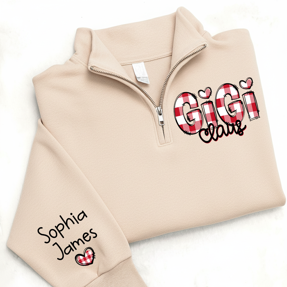 Personalized Gigi Claus Zip Sweatshirt – Custom Name Buffalo Plaid Christmas Sweatshirt Gift For Grandma