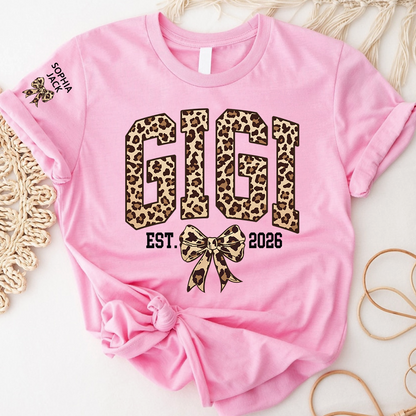Custom Leopard Gigi, Personalized Heart T-shirt For Grandma And Kids