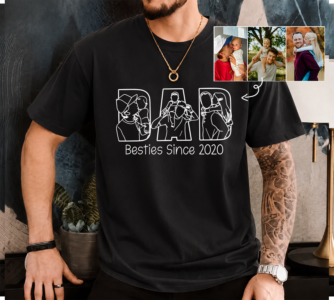 Personalized Photo Dad T-Shirt – Custom Line Art Family Design Gift for Daddy Papa Dad