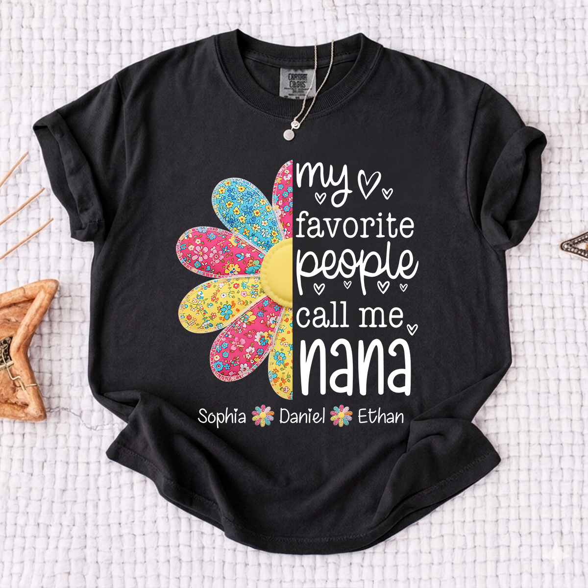 Comfort Colors My Favorite People Call Me Nana Shirt, Personalized Nana T-Shirt with Custom Names and Flower Design