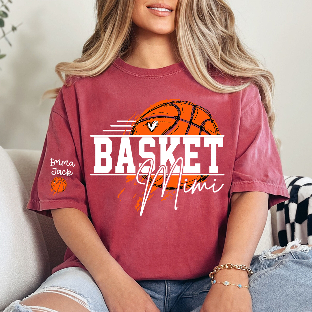 Basketball Mimi Shirt, Custom Grandkids Names with Basketball Hoop Design Family Tee