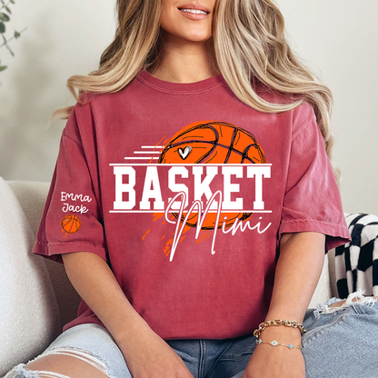 Basketball Mimi Shirt, Custom Grandkids Names with Basketball Hoop Design Family Tee