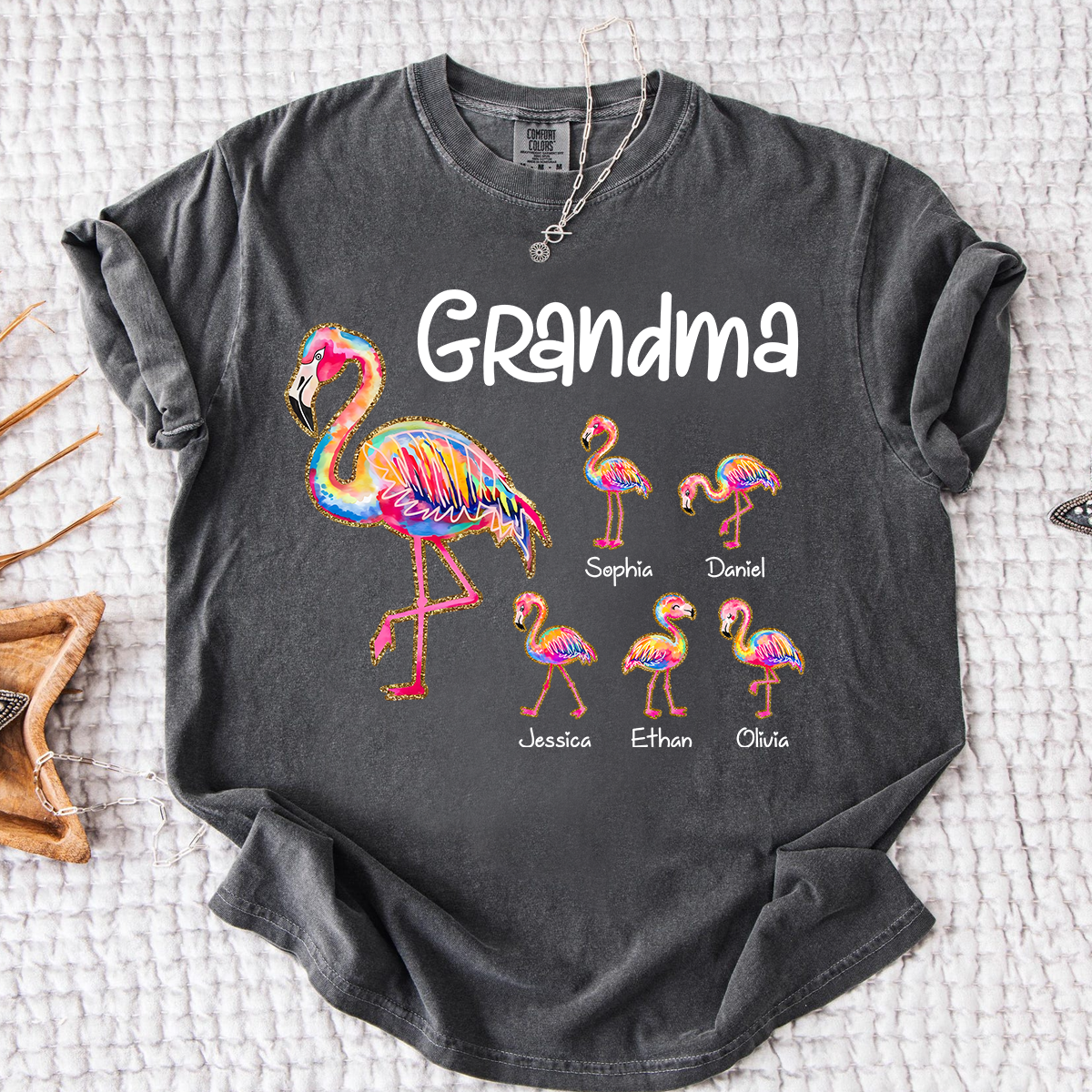 Comfort Colors Custom Grandma Flamingo Tee with Kids Names, Personalized Tropical Bird Shirt for Women, Summer Vacation Family Gift