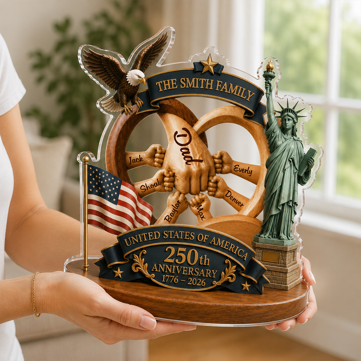 Personalized United States 250th Anniversary 1776-2026 Family Fist Bump Keepsake with Statue of Liberty and Eagle - Custom Shaped Acrylic Plaque Custom Shape Acrylic Blocks