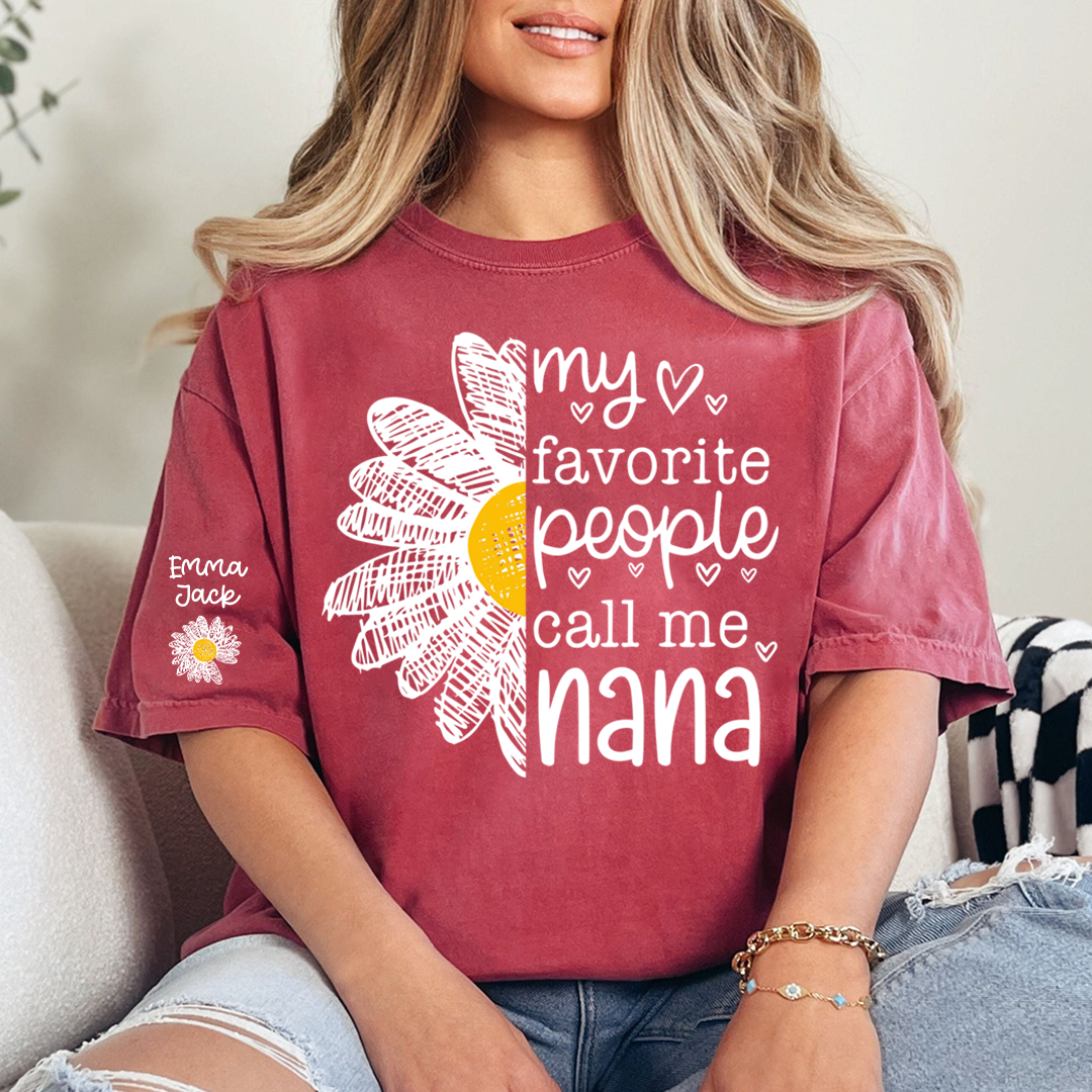 Personalized Nana Floral Shirt with Daisy and Sun Graphics, Custom Grandkids Names