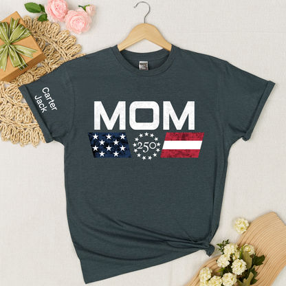 Personalized Mom America's 250th Anniversary Shirt, Custom Kids Names Sleeve Tee, Patriotic USA 1776-2026 Independence Day Gift