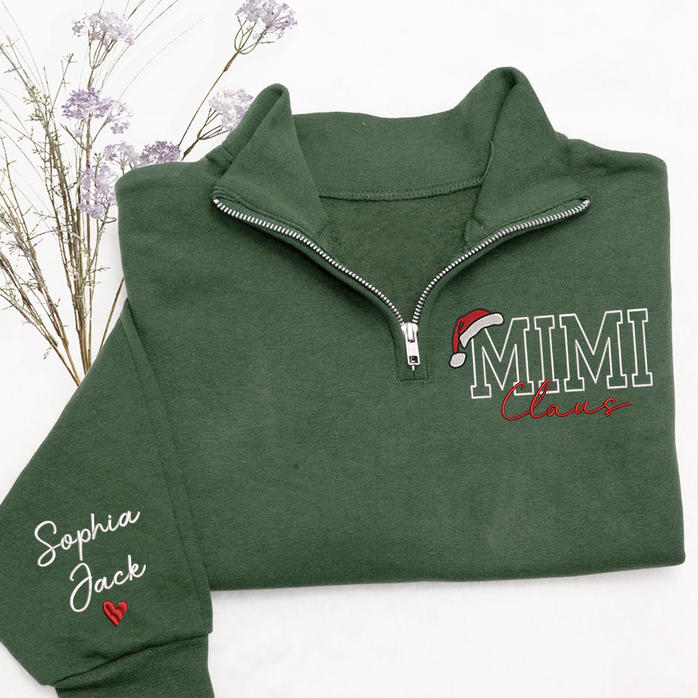 Personalized Christmas Mimi Claus Zip Sweatshirt – Custom Grandma Embroidered Gift With Kids Names On Sleeve