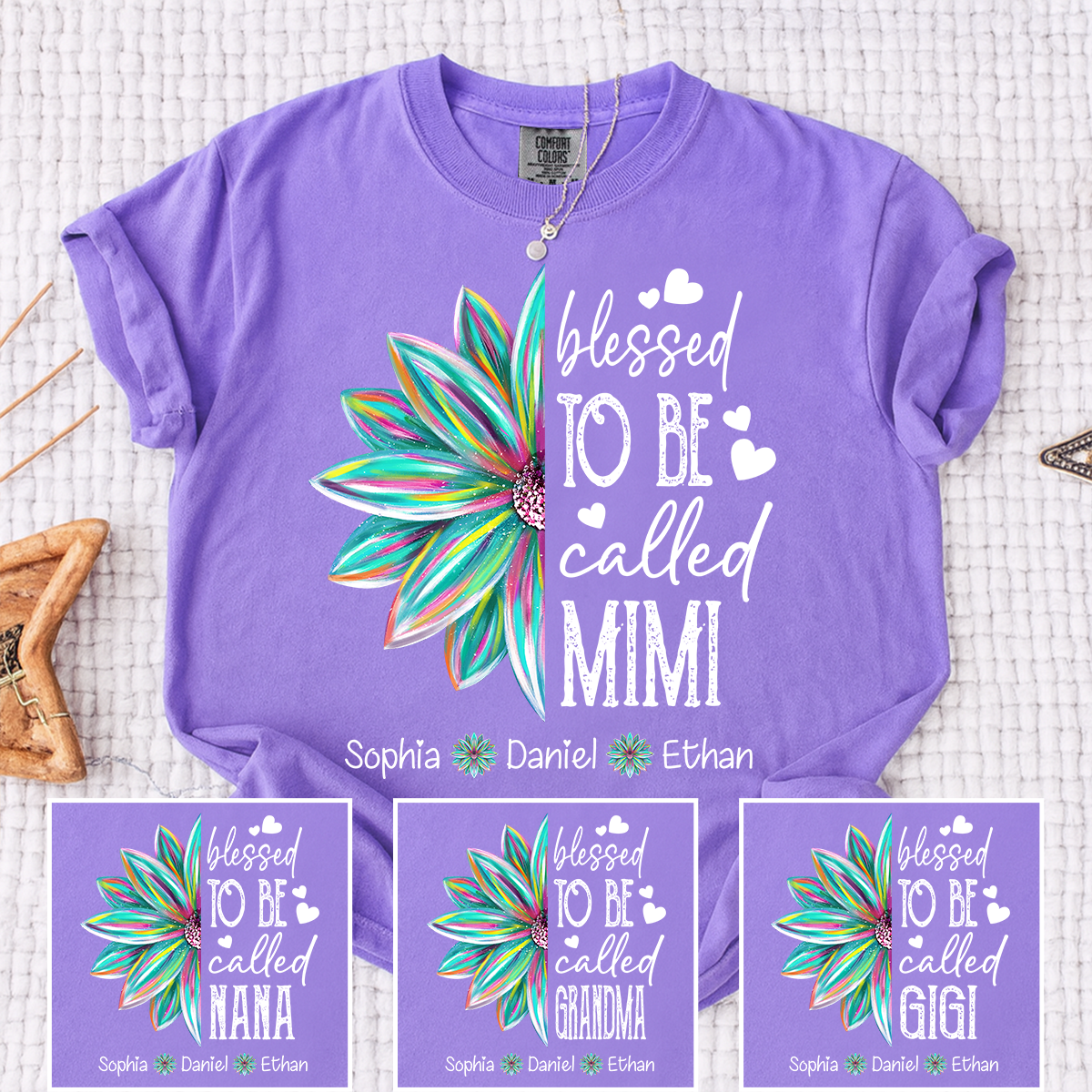 Comfort Colors Blessed To Be Called Mimi Colorful Flower T Shirt, Personalized Grandma Shirt with Kids' Names