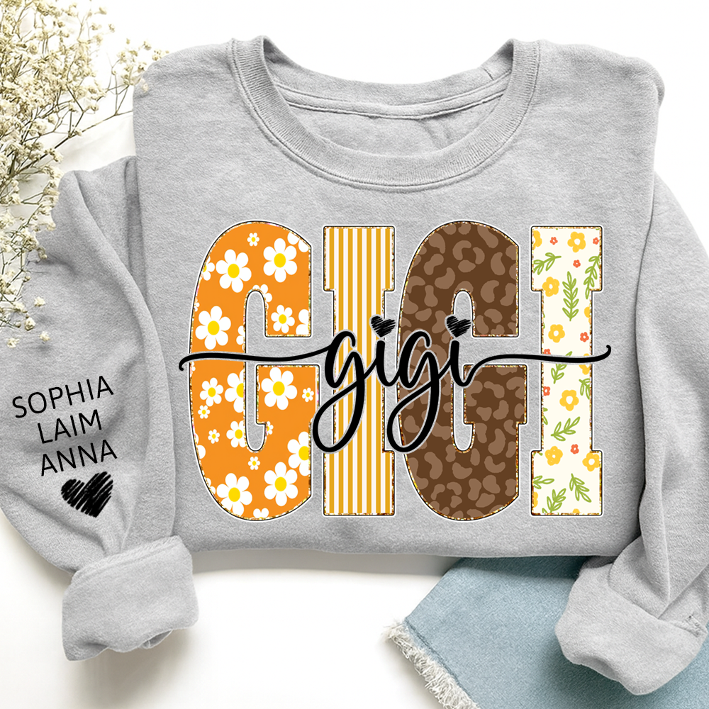 Gigi Fall Grandma Sweatshirt – Custom Name Sleeve and Retro Plaid Floral Letter Design