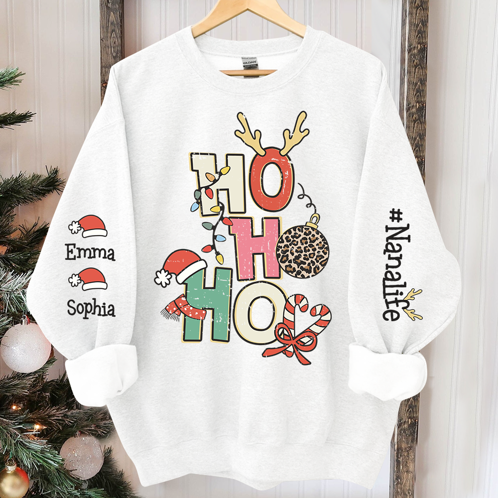 Retro Ho Ho Ho Christmas Sweatshirt, Custom Nana And Kids, Grandma Gift TH Sweatshirt