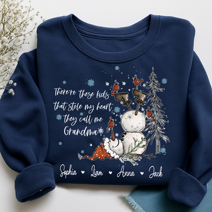 Custom Grandma Snowman Sweatshirt, There’s These Kids That Stole My Heart For Gift Grandma And Kids