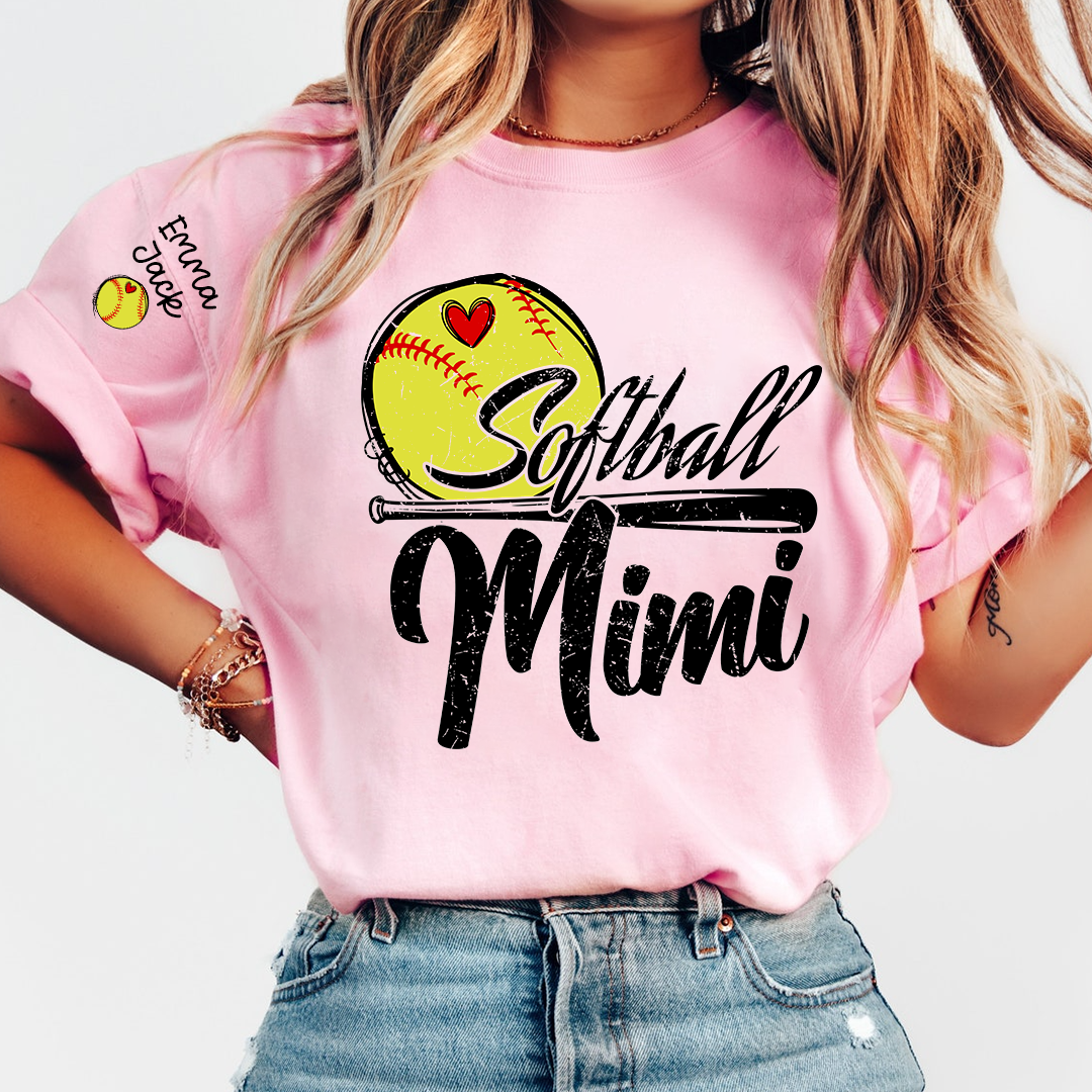 Personalized Mimi Softball Shirt, Heart and Bat Design with Custom Grandkids Names