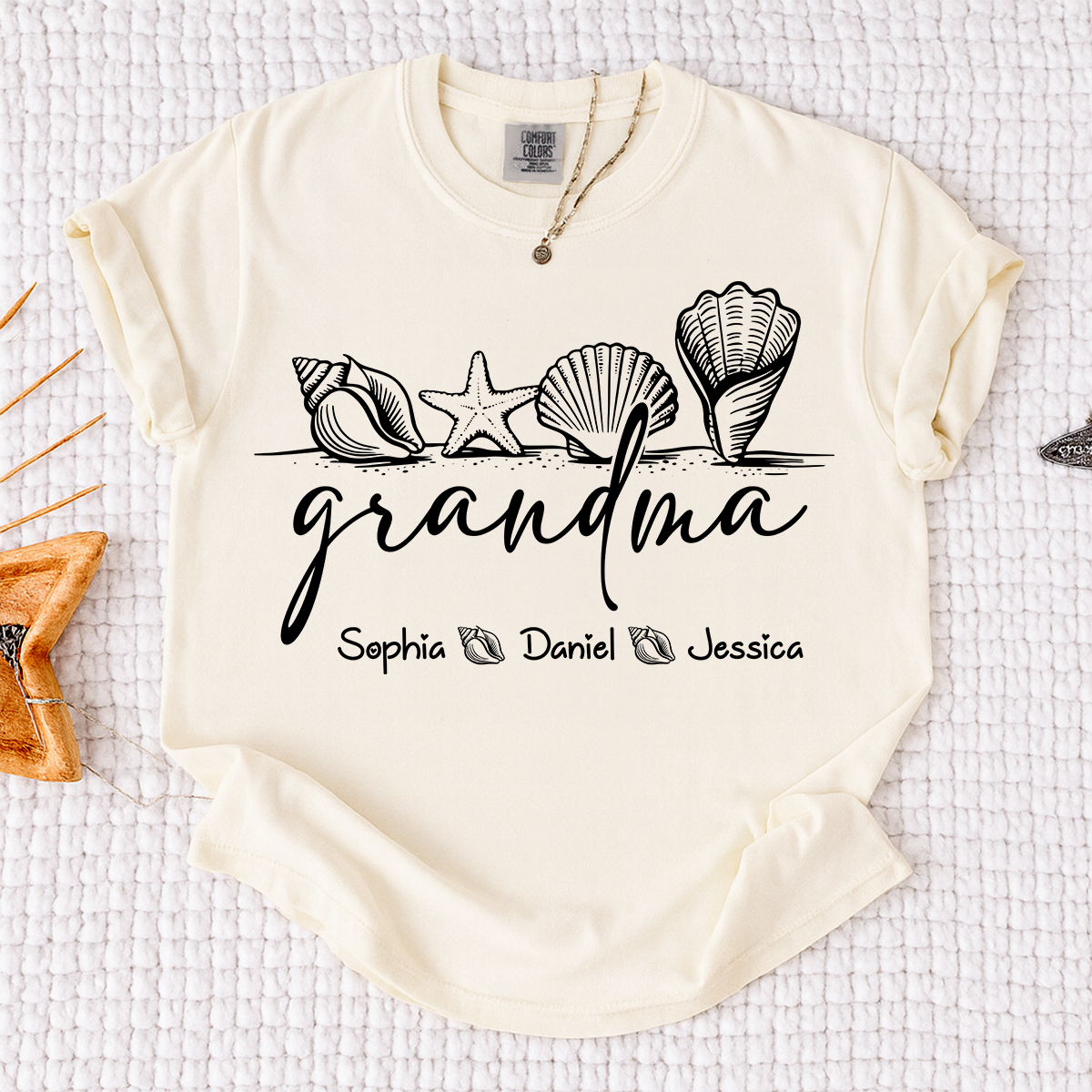 Comfort Colors Custom Grandma Seashell Shirt, Personalized Grandchildren Names Tee, Beach Lover Grandma Gift for Mother's Day and Birthday