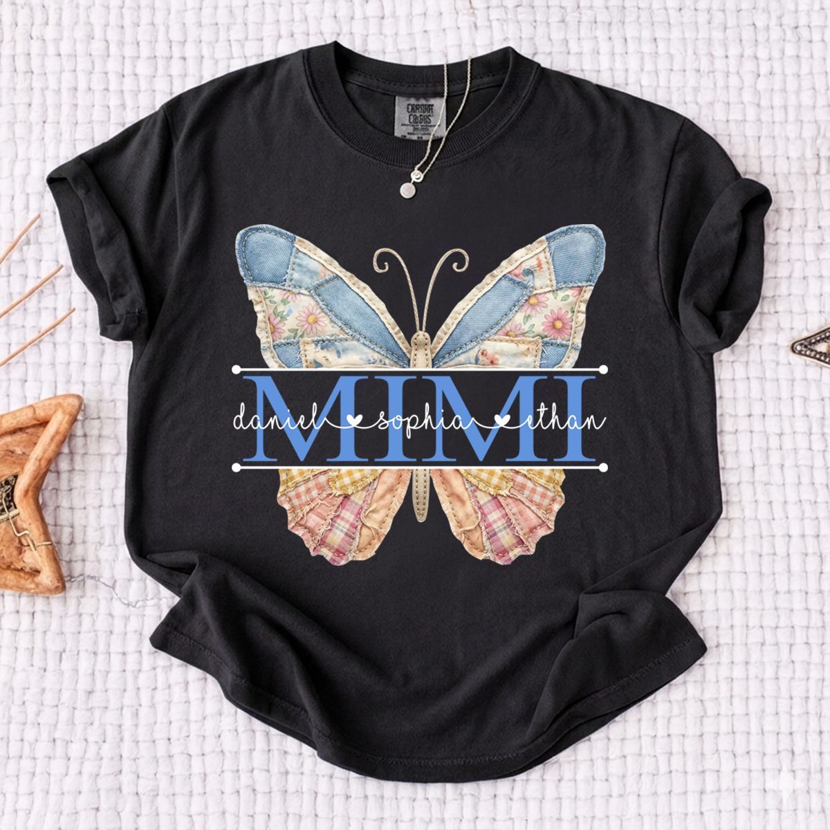 Comfort Mimi Patchwork Butterfly Shirt, Custom Grandkids Names with Floral Family Design Tee
