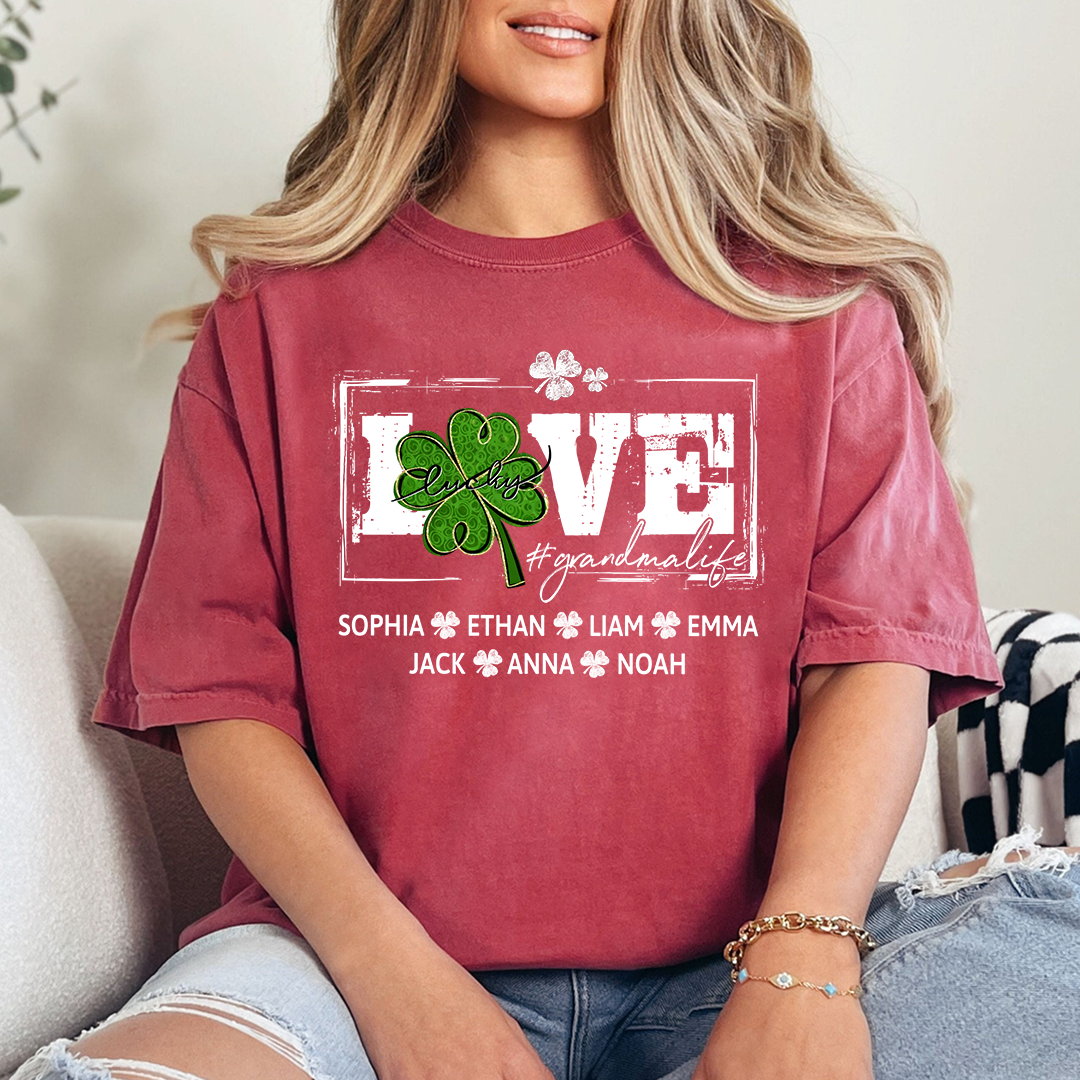 Grandma St Patrick’s Day Shirt, LOVE Shamrock Grandmalife Personalized Family T Shirt