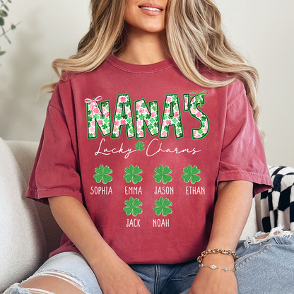 Nana’s Lucky Charms Shirt, Personalized St Patrick’s Day Shamrock Family T-Shirt