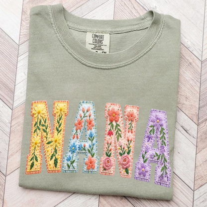 Personalized Nana Shirt Floral Embroidery Design Custom Grandma Mimi Gigi Name Tee with Grandkids Names Vibrant Flower Pattern Family Gift for Women
