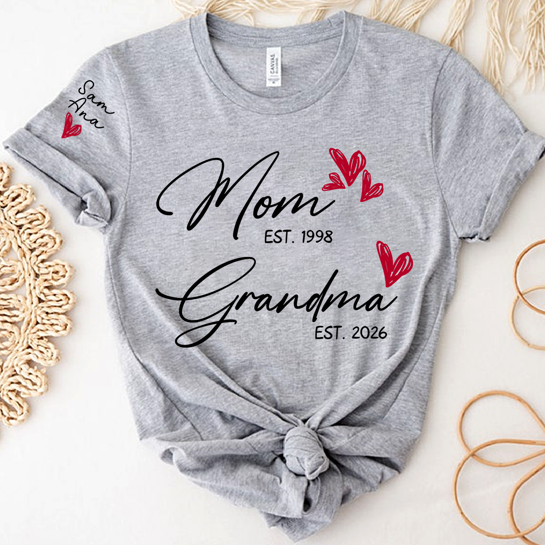 Personalized Mom and Grandma T-Shirt, Custom EST Year T-Shirt with Heart and Arrow Design for Mom and Grandma