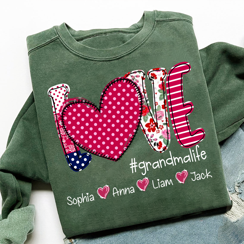 Love Grandma Shirt, Heart Patchwork Sweatshirt with Kids’ Names