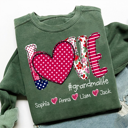 Love Grandma Shirt, Heart Patchwork Sweatshirt with Kids’ Names
