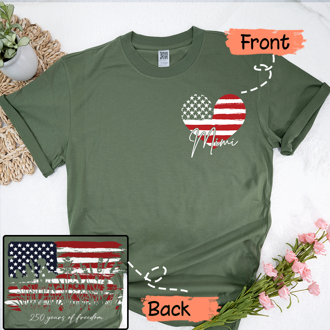Personalized Mimi Patriotic Shirt, Custom Grandma Name USA Flag Heart T-Shirt, 4th of July Family Matching Tee for Mimi