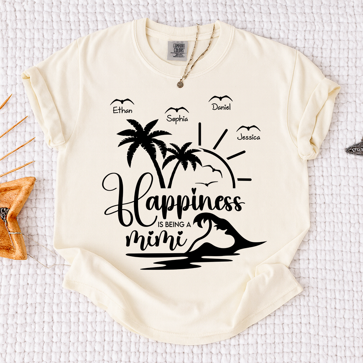 Comfort Colors Personalized Mimi Beach Shirt with Grandkids Names, Happiness Is Being a Mimi Tee, Custom Summer Grandma Gift