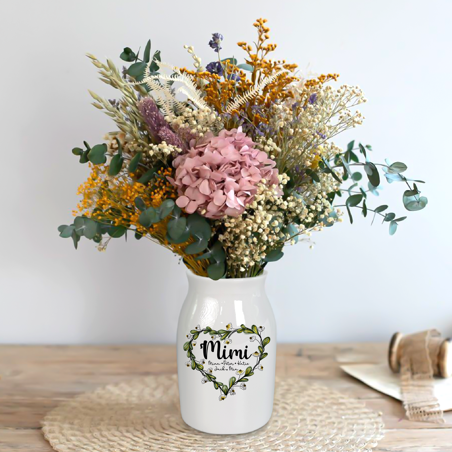 Heart Daisy Mimi Wildflowers And Children - Custom Home Decoration Flower Vase According To Family Requirements - Warm Gift For Mother's Day, Ceramic Flower Vase