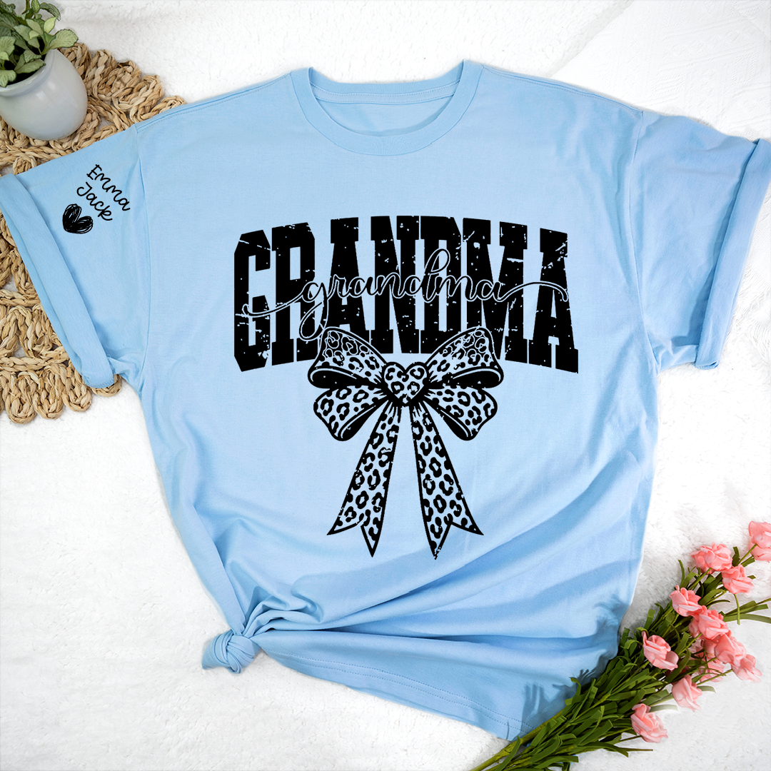 Personalized Grandma T-Shirt with Leopard Print Bow and Custom Grandkids Names