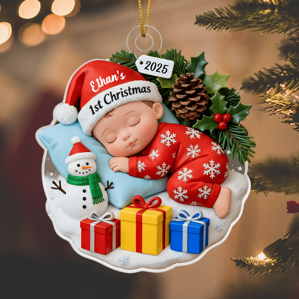 Personalized Baby’s First Christmas Ornament 2025 – Custom Name Sleeping Baby Decoration for Newborns and Parents Ornament