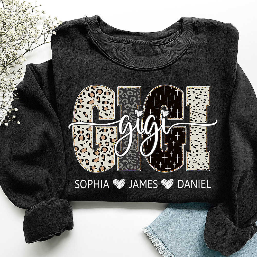 Personalized GiGi Sweatshirt With Grandkids Names, Custom Leopard Print Grandma Pullover
