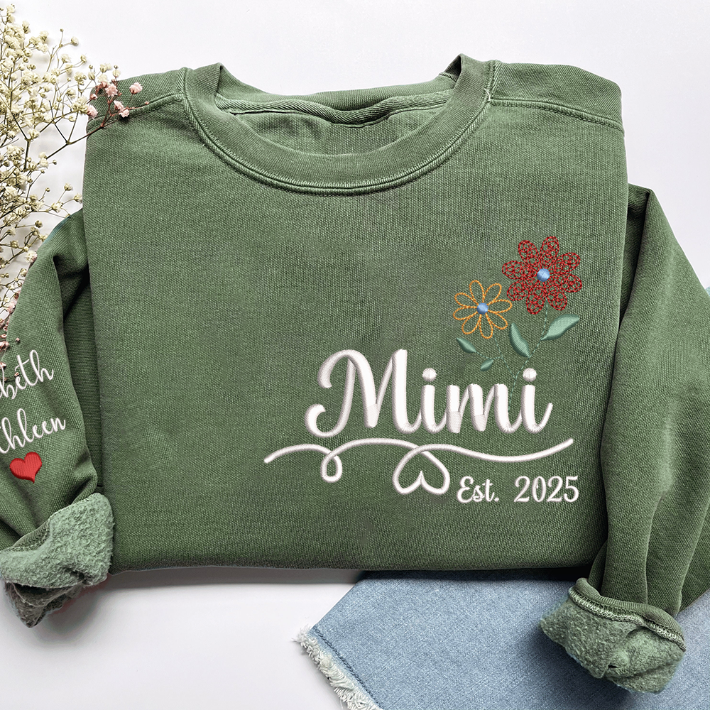 Personalized Embroidered Name Sweatshirts with Flowers, Gifts For Grandma And Kids