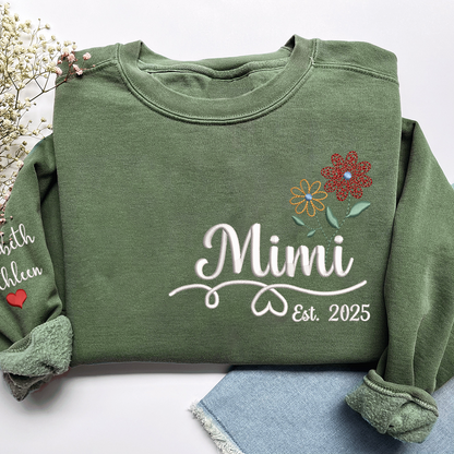 Personalized Embroidered Name Sweatshirts with Flowers, Gifts For Grandma And Kids