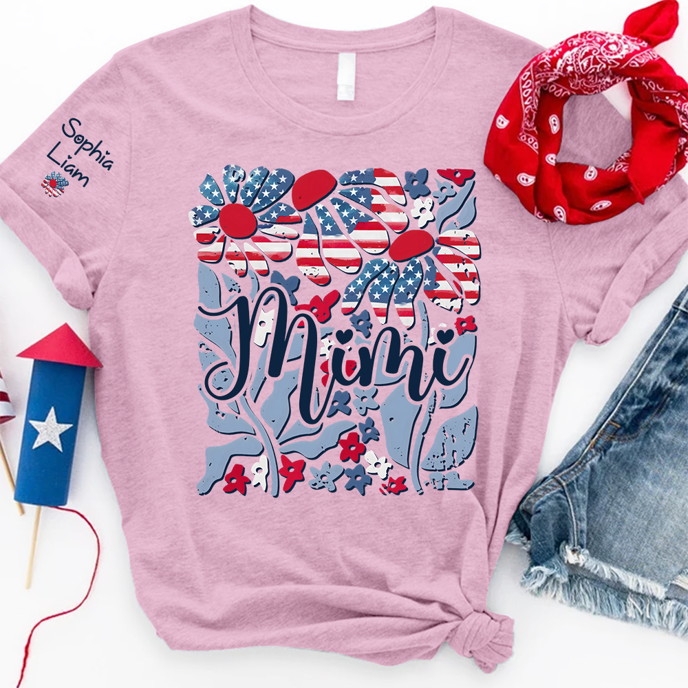 Custom Mimi Shirt with Patriotic Flowers and American Flag, Personalized Gift for Mom, Mother's Day T Shirt