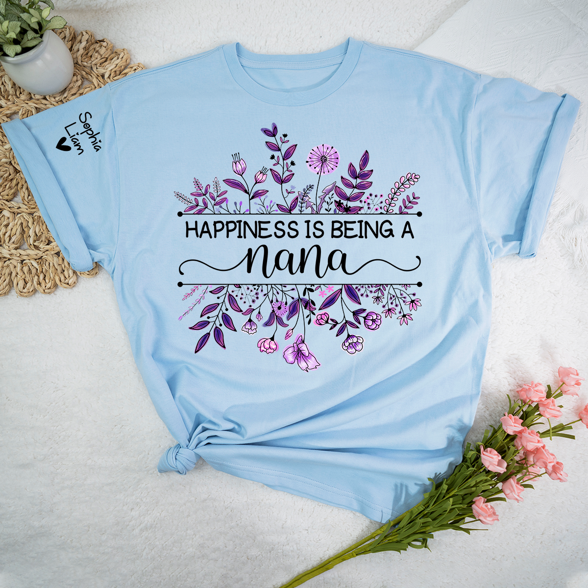 Happiness Is Being a Nana Shirt, Purple Floral Grandma Tee, Custom Nana Gift from Grandkids, Family Name Sleeve Shirt, Cute Grandma Outfit