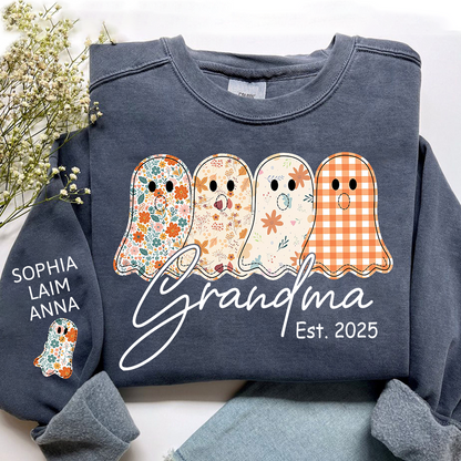 Personalized Fall Ghost sweatshirt, Custom Kids name on sleeve, For Gift Grandma