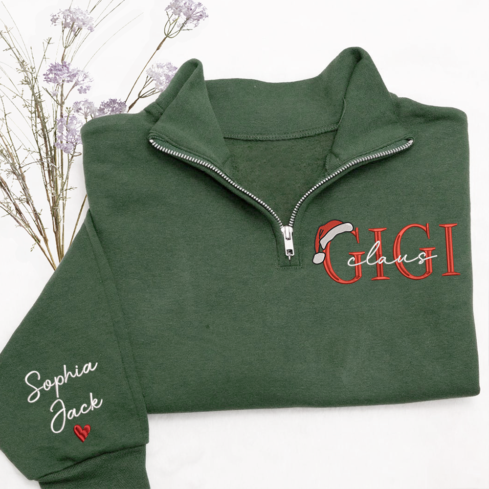 Personalized Christmas Gigi Claus Zip Embroidered Sweatshirt – Custom Grandma Gift With Grandkids Names