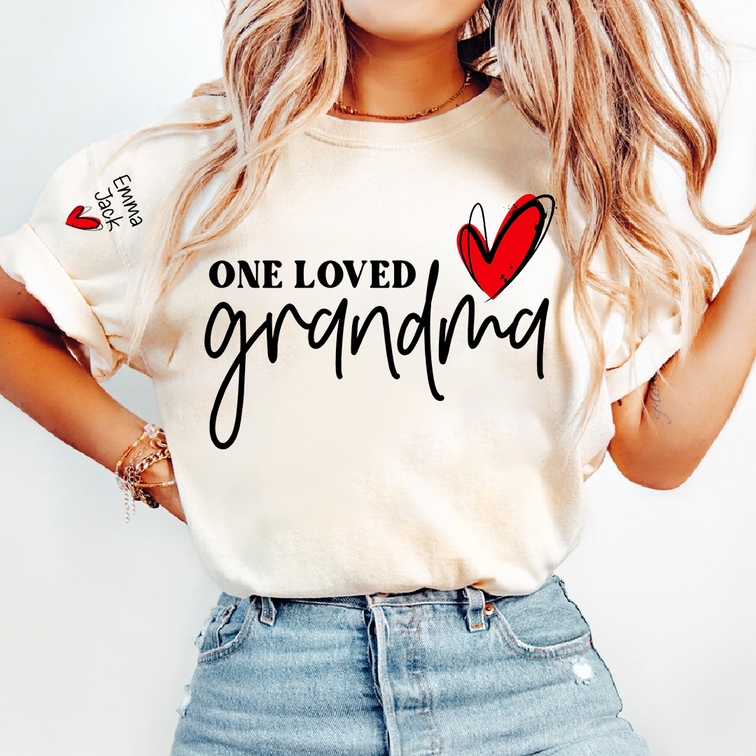 One Loved Grandma T-Shirt, Personalized Grandma T-Shirt with Heart Design and Custom Name