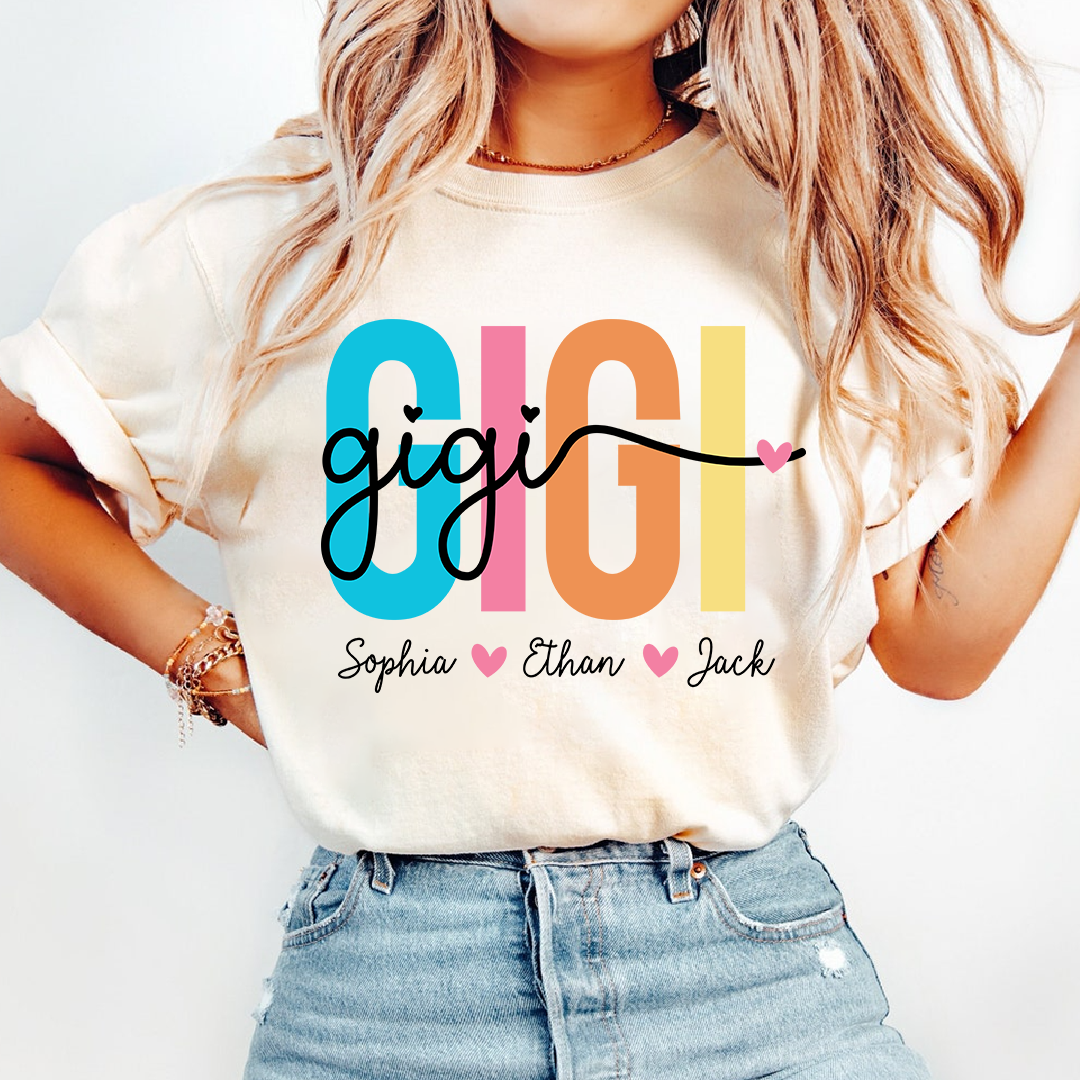 Personalized Gigi Shirt with Grandkids Names, Colorful GIGI Graphic Tee, Custom Grandma T Shirt, Family Gift for Gigi from Grandchildren