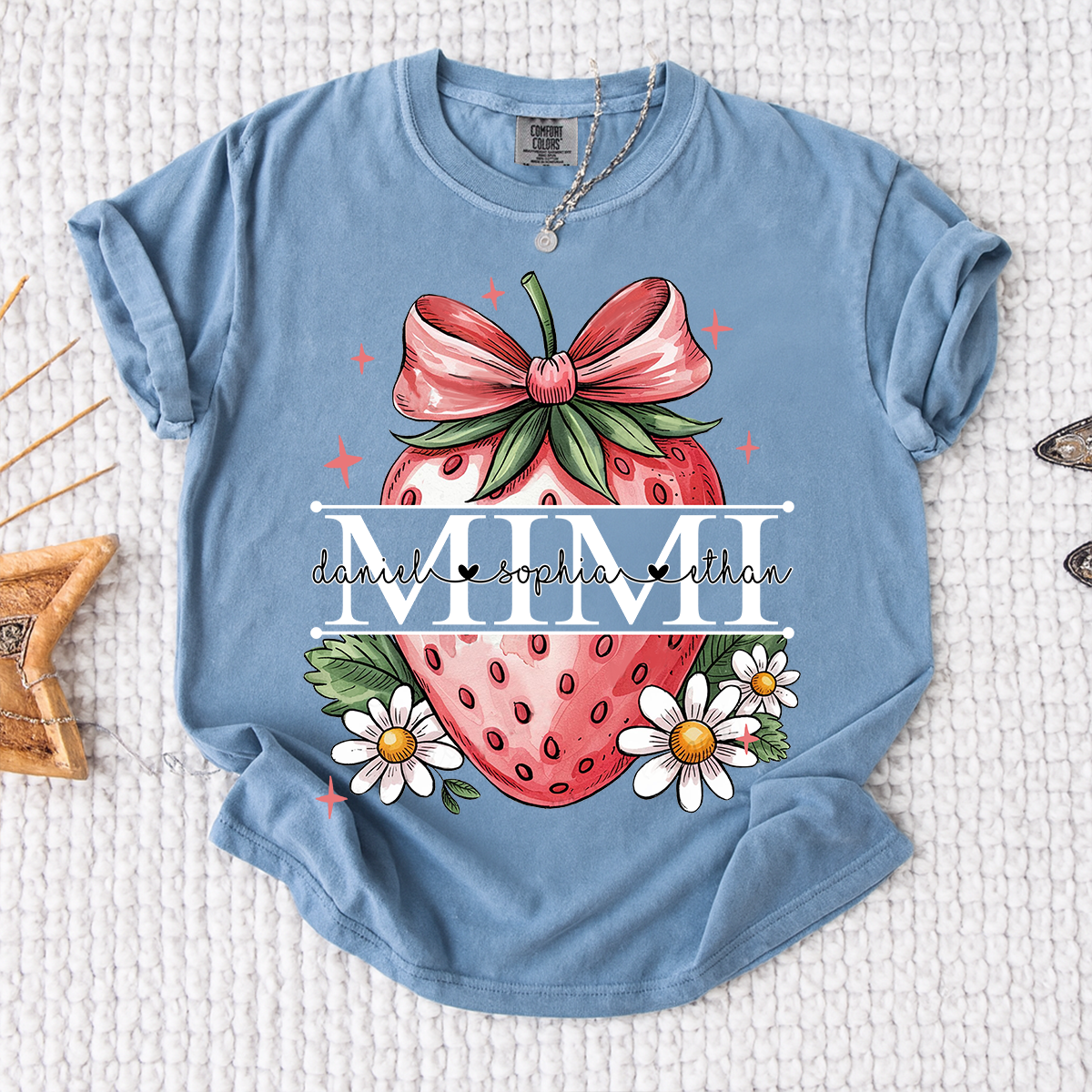 Comfort Colors® Custom Mimi T Shirt with Strawberry Bow Design, Floral Grandma Graphic Tee, Cute Summer Fruit Shirt for Mimi