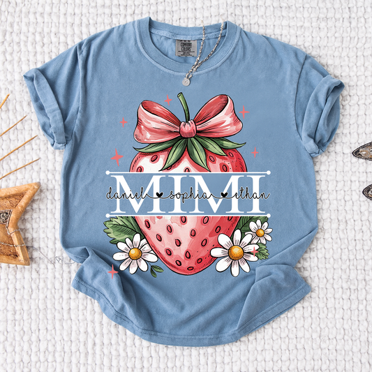 Comfort Colors® Custom Mimi T Shirt with Strawberry Bow Design, Floral Grandma Graphic Tee, Cute Summer Fruit Shirt for Mimi