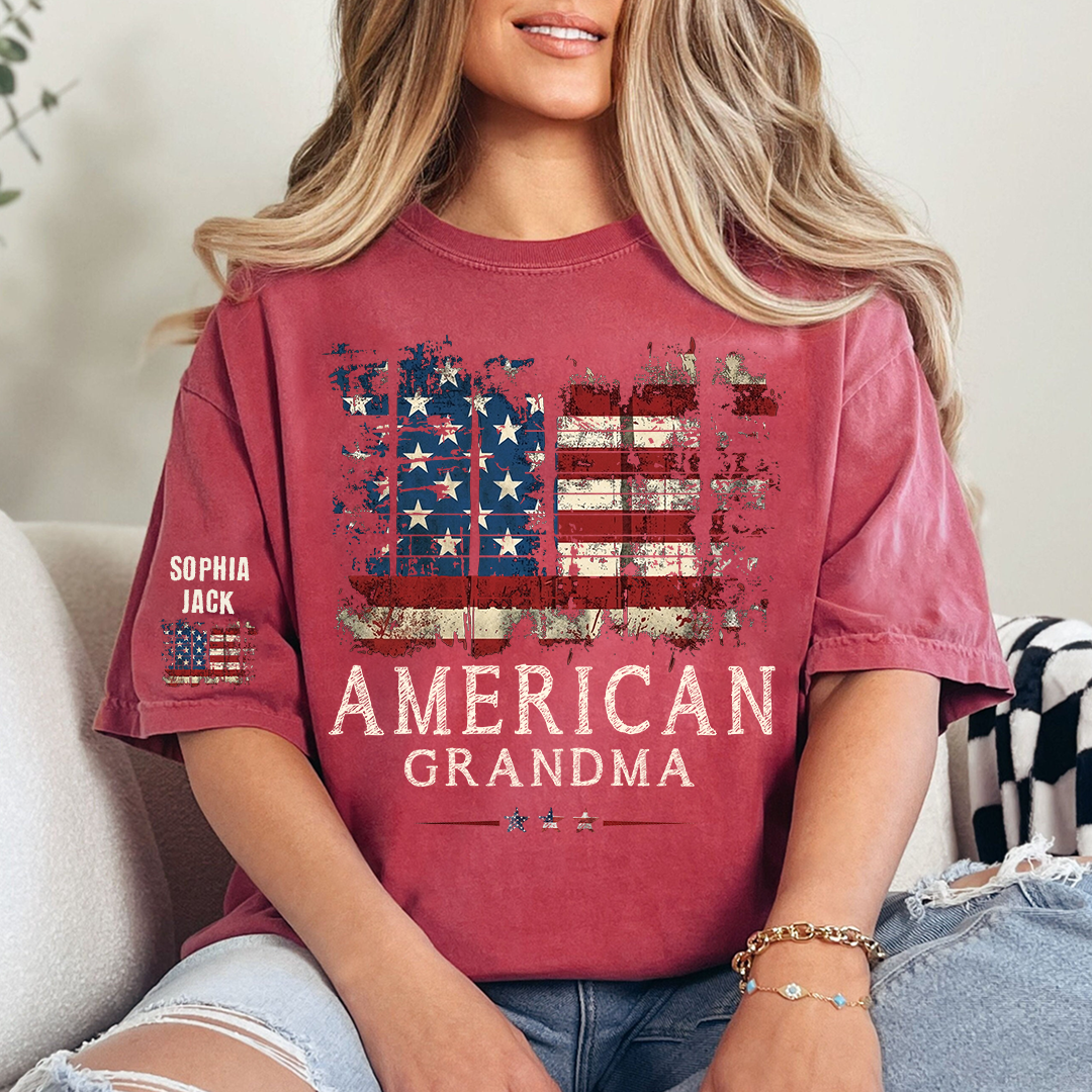 Personalized 4th of July Grandma T-Shirt, Distressed US Flag Gift for Grandmother