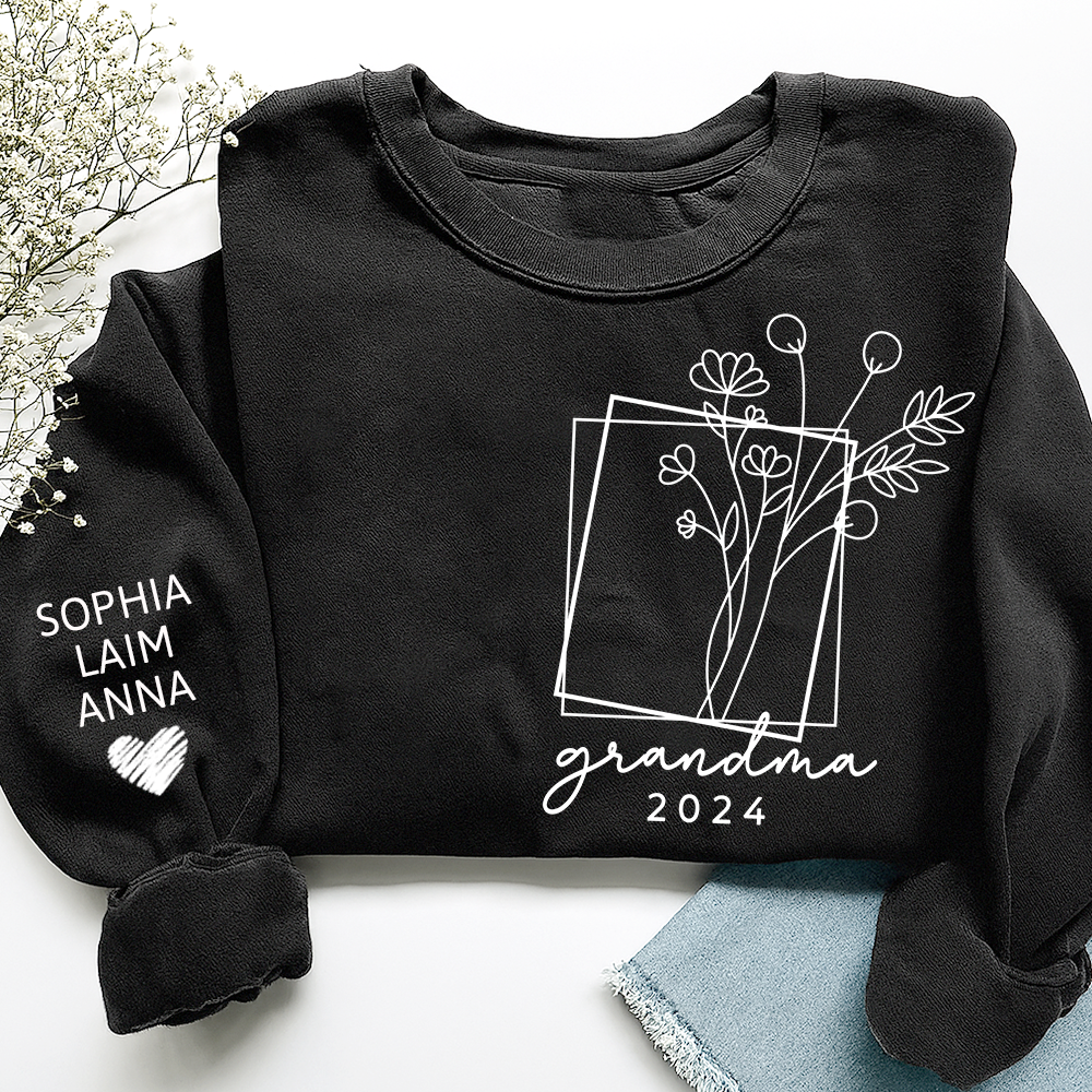 Fall Floral Design Sweatshirt with Flowers, Custom Nickname Grandma And Kids