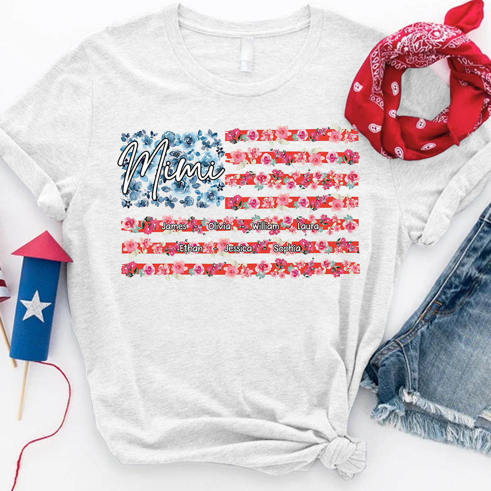 Personalized Mimi Shirt with Floral American Flag, Custom Grandkids Names T Shirt, Patriotic Gift for Mimi