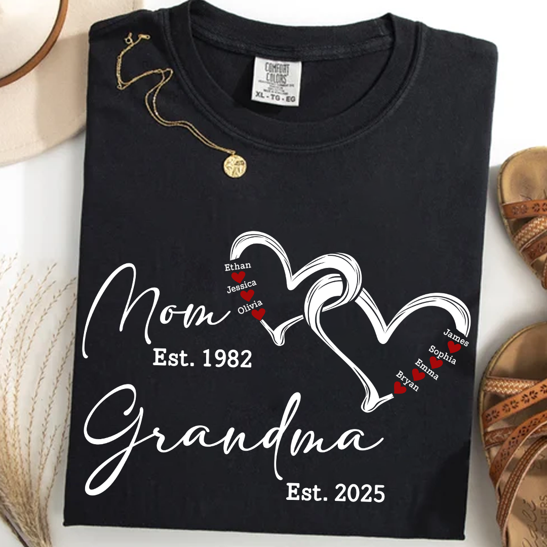 Custom Comfort Colors® Mom Est Grandma Est Hearts Kids Name