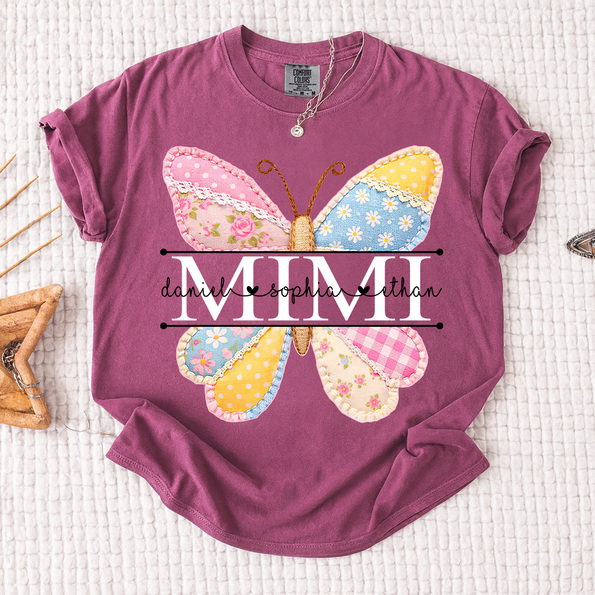 Comfort Colors Vibrant Mimi Shirt with Pink and Yellow Butterfly Patchwork, Custom Grandkids Names