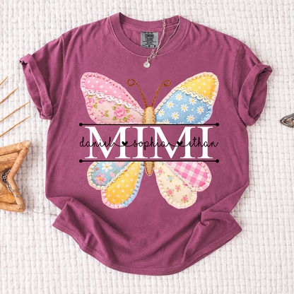 Comfort Colors Vibrant Mimi Shirt with Pink and Yellow Butterfly Patchwork, Custom Grandkids Names